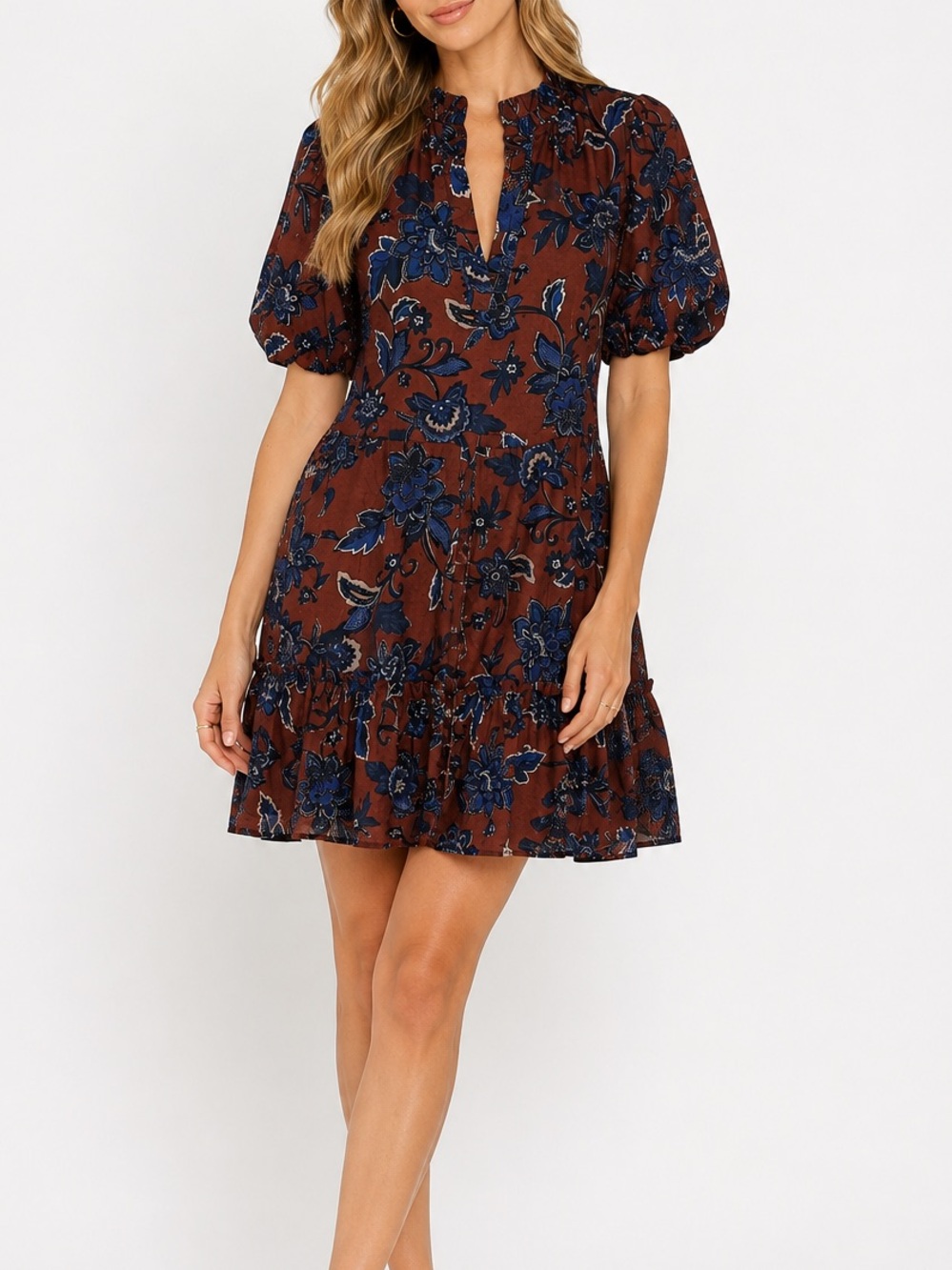 Sugarlips Rust Navy Floral Puff Sleeve Mini Dress Small 100% cotton